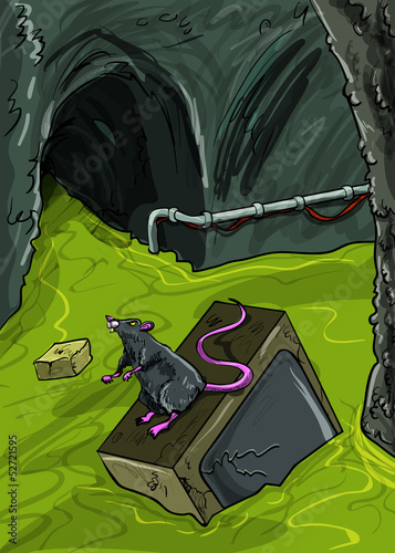 Sewer illustration with brocken tv floating in the sewer