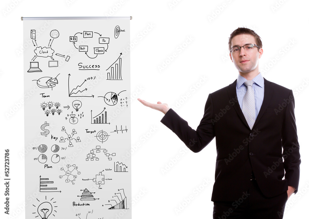 Fototapeta premium Business man showing roll up banner display with graph isolated