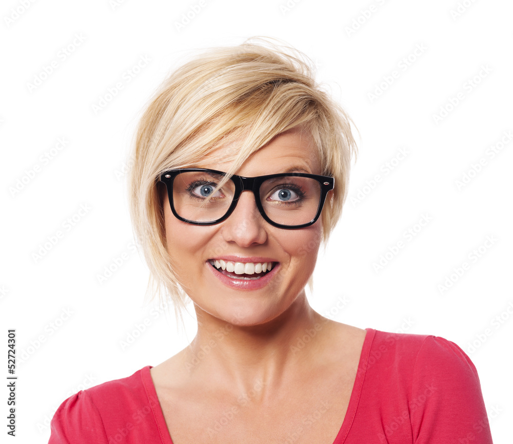 Fototapeta premium Portrait of happy woman with short blond hair