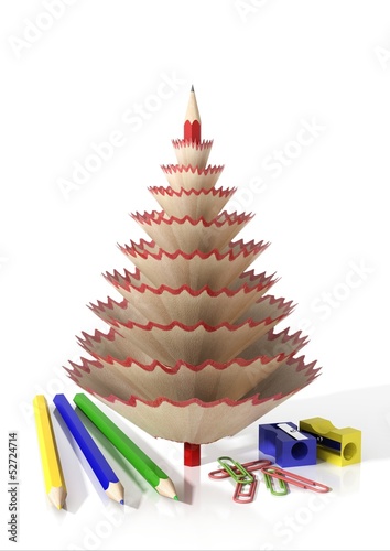 Render of office supplies and a tree made with a pencil shavings