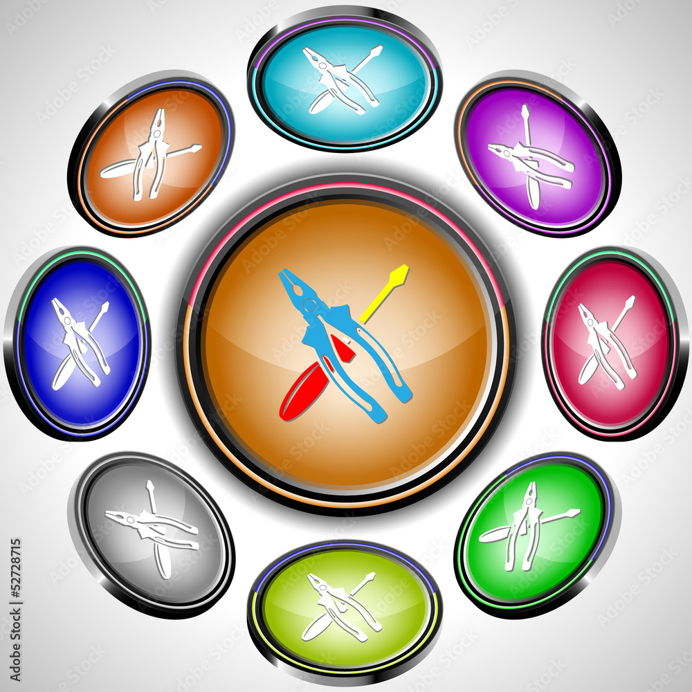 Screwdriver and combination pliers. Vector internet buttons. 8 d