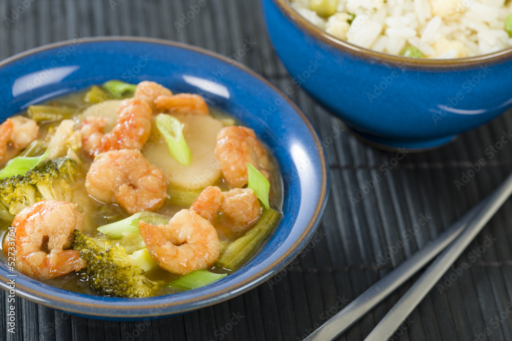 Chinese prawns with ginger and spring onion and egg fried rice Chinese prawns with ginger and spring onion and egg fried rice