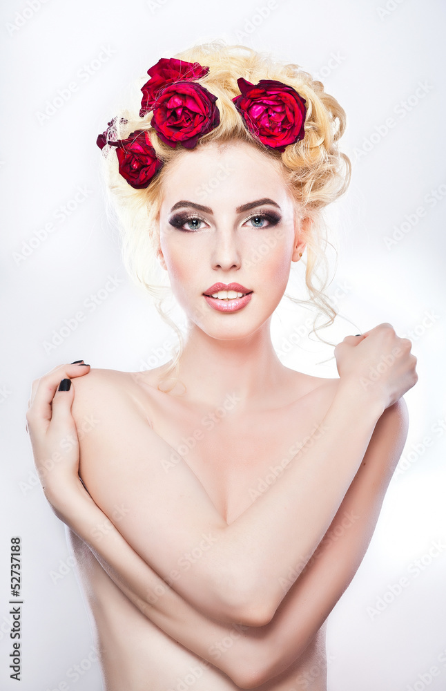 Hairstyle style - beautiful sexy female art portrait with roses