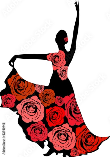 Silhouette of a dancer in a dress with roses