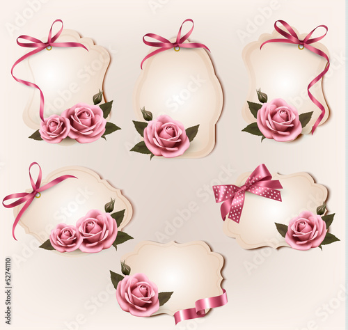 Set of beautiful retro labels with pink rose and gift bows. Vect