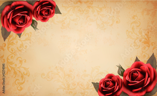 Retro background with beautiful red rose and old paper. Vector i