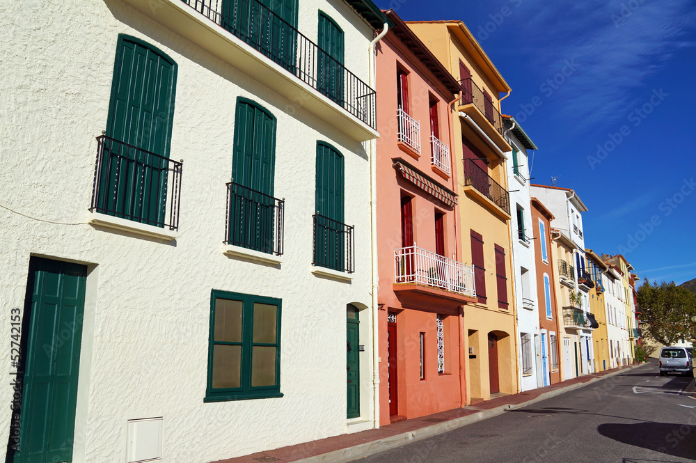 Colorful houses in the Mediterranean village of Port Vendres, Languedoc Roussillon, Pyrenees Orientales, France
