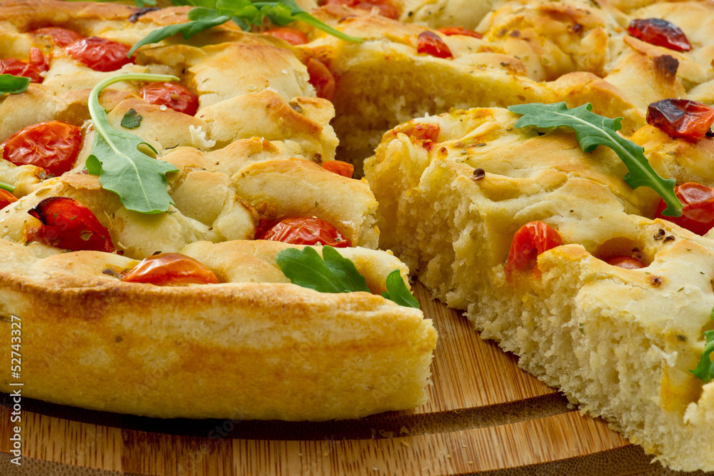 Bread dough Focaccia with salad 