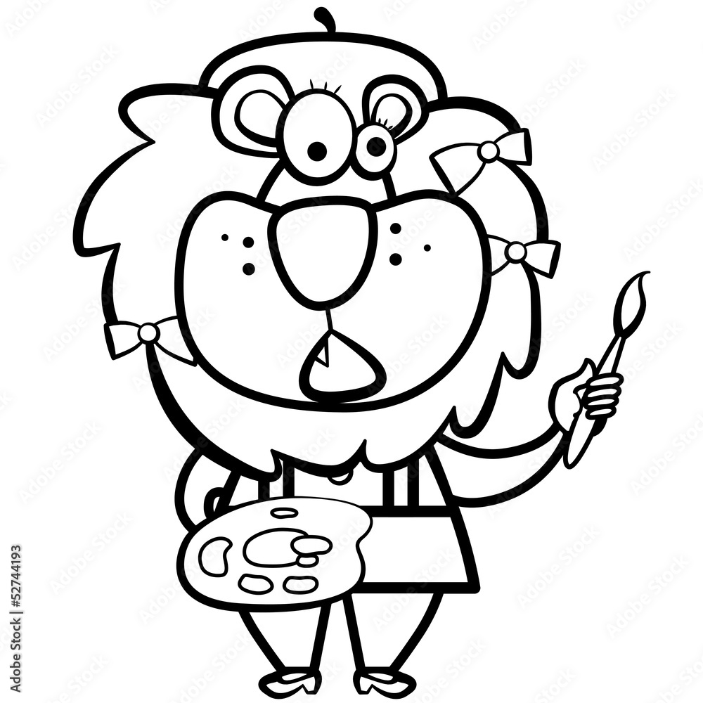 coloring cartoon lion artist with paintbrush and palette coloring cartoon lion artist with paintbrush and palette