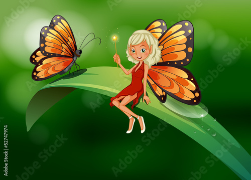 A fairy and a butterfly at the top of a long leaf
