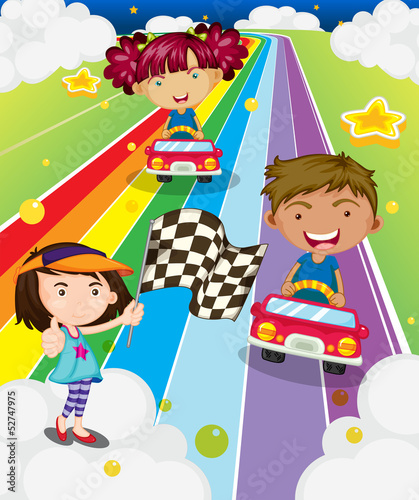 Three kids playing car racing