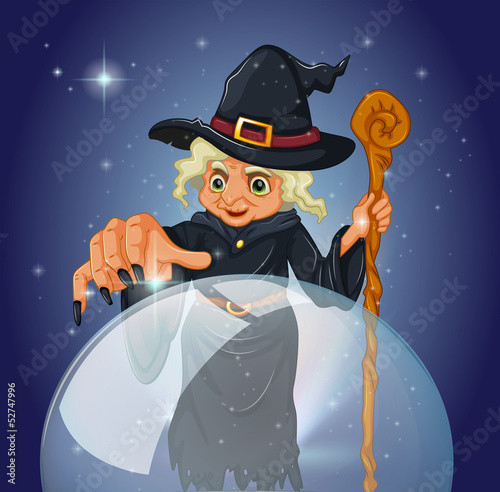 A witch with a cane in front of a magical ball