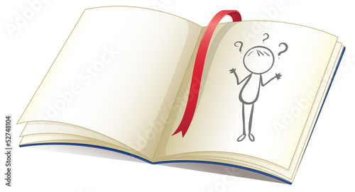 A notebook with a drawing of a girl and a red bookmark