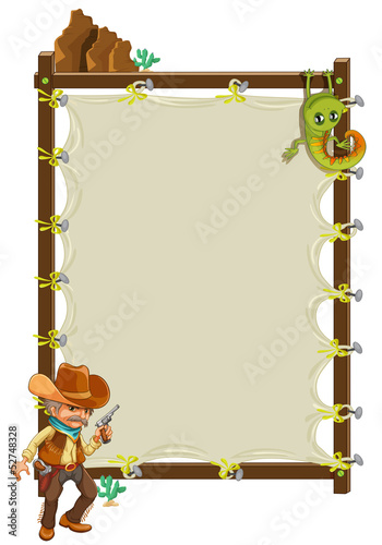 A cowboy infront of an empty framed banner