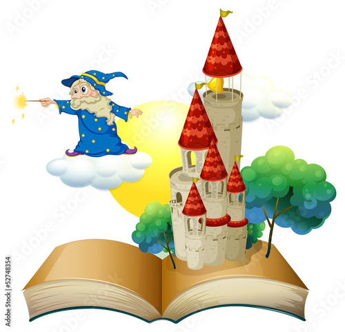 A book with an image of a castle and a magician
