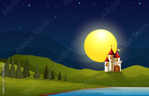 A castle at the hill under a bright moon
