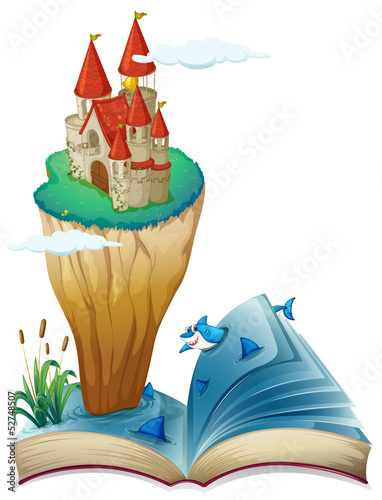 A book with an image of an island with a castle