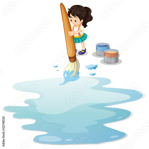 A little girl painting the floor