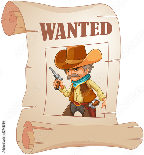 A paper with a print of a wanted cowboy