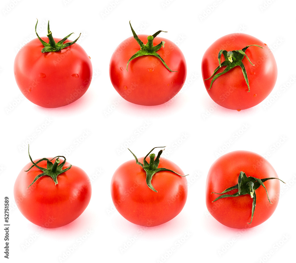 Six fresh tomatos covered with water drops isolated Six fresh tomatos covered with water drops isolated