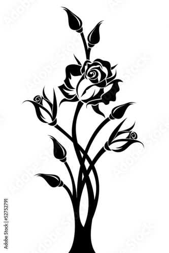 Black silhouette of branch with rose and buds. Vector.