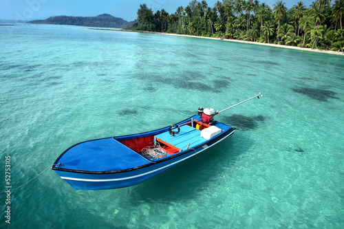 Motorboat, beautiful seascape with tropical beach