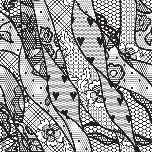 Black lace vector fabric seamless pattern with lines and waves