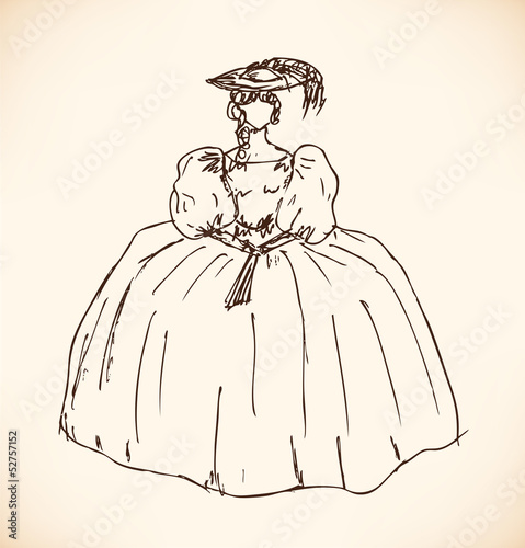 Lady in vintage dress with puffed sleeves and  fan