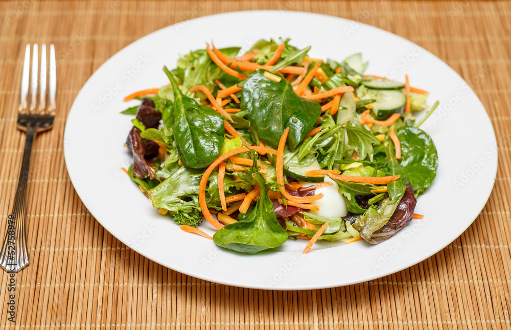 Spinach and Greens Salad with Dressing and Fork Spinach and Greens Salad with Dressing and Fork