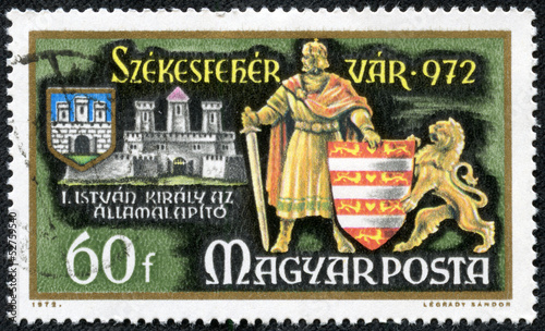 tamp printed in Hungary, shows King Stephen and shield photo