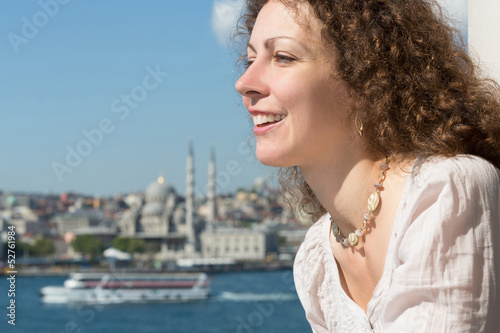 Photography Beautiful woman in landscape with river and mosque