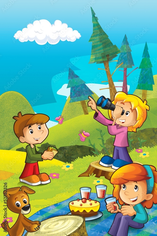 Naklejka premium Picnic in the woods - illustration for the children