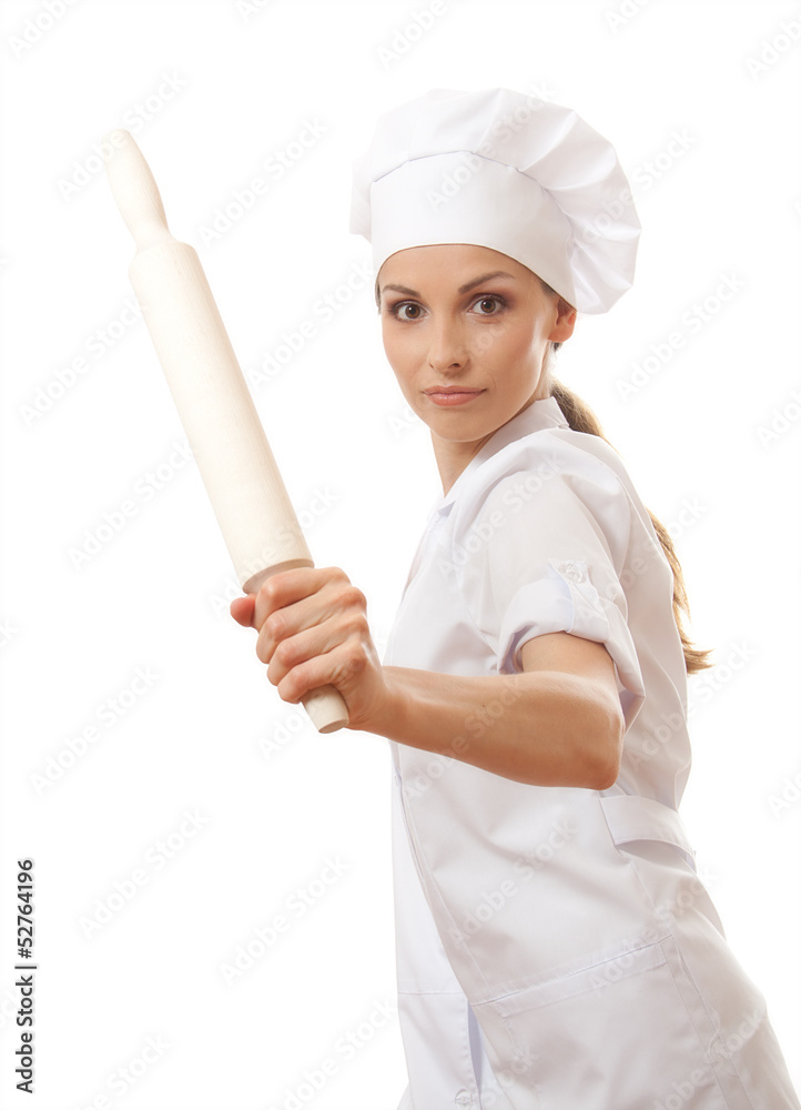 Baker / Chef woman holding baking rolling pin, isolated on white Baker / Chef woman holding baking rolling pin, isolated on white