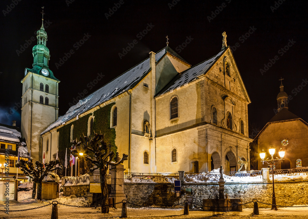 Illuminated Medieval Church in the Center of Megeve, French Alps