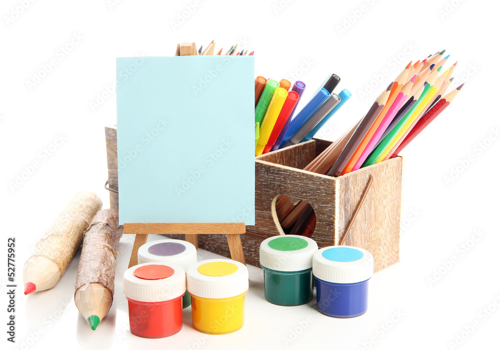 Fototapeta premium Different pencils in wooden crate, paints and easel, isolated