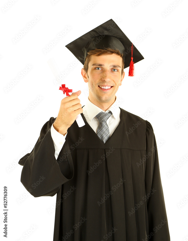 Young graduation man holding diploma, isolated on white