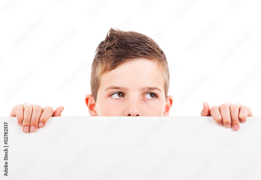 Little child boy holding blank board, isolated on white Little child boy holding blank board, isolated on white
