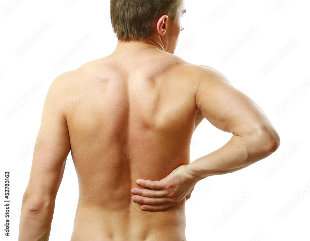 Young man with back pain. Isolated on white background