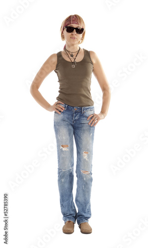 A woman in torn jeans