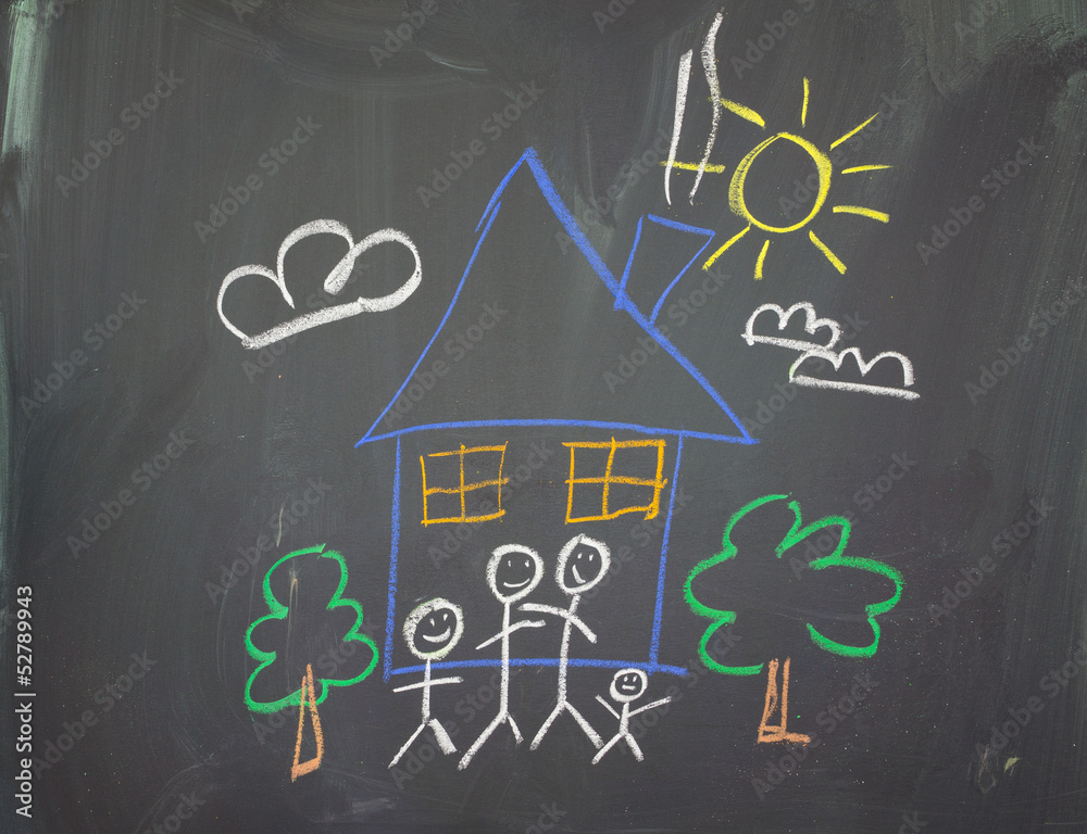 A childs drawing of a happy family at home.