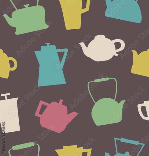 Pattern with different teapots. Kettles background.