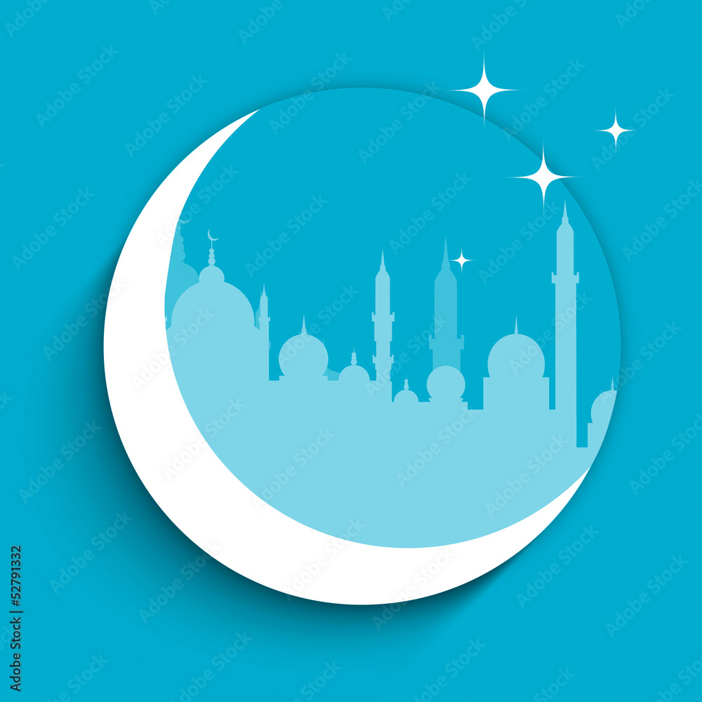 Silhouette of Mosque or Masjid on crescent moon with stars in b Silhouette of Mosque or Masjid on crescent moon with stars in b