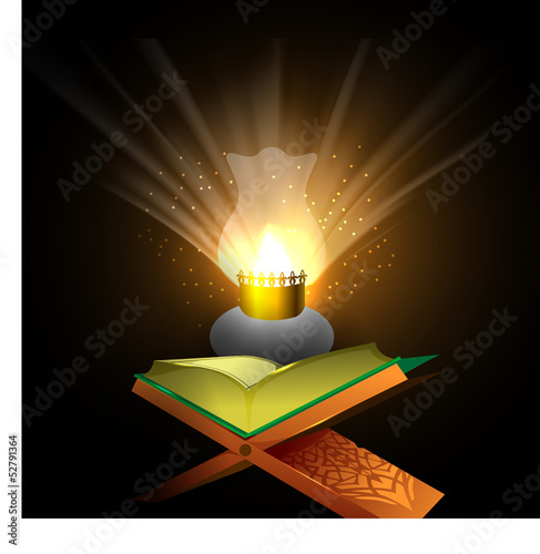 Open Islamic holy book Quran Shareef in illuminated lantern lig
