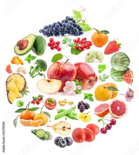 Collection of fruits and vegetables isolated on white background