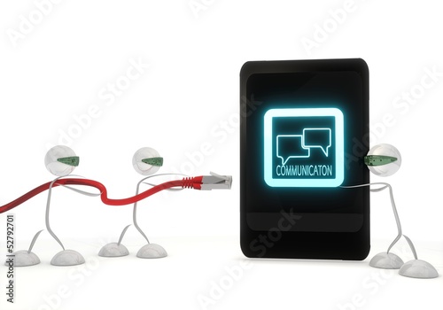 communication symbol on a smart phone with three robots