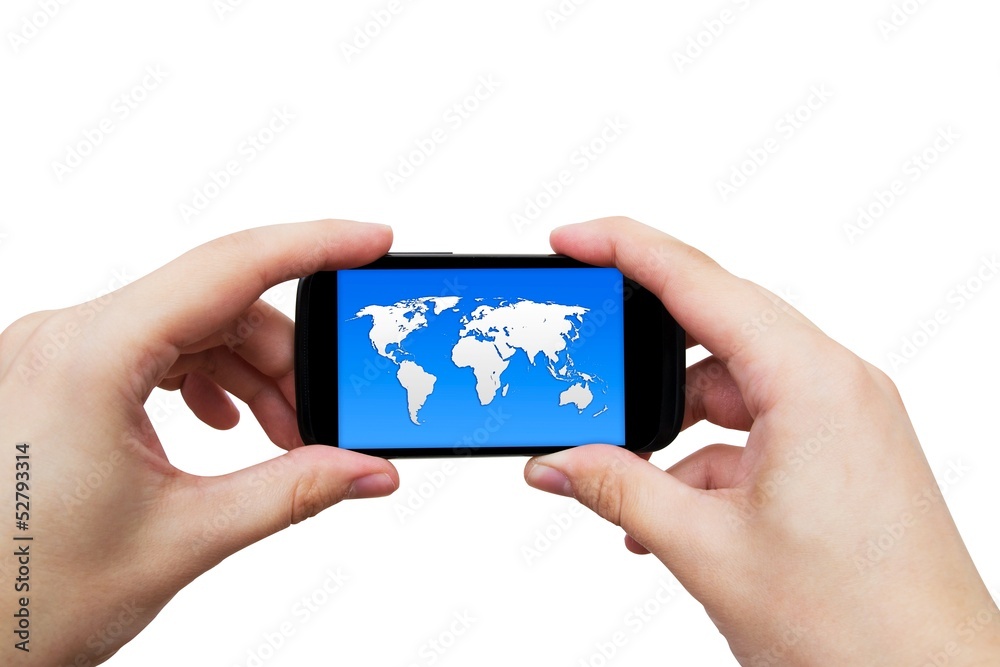 Mobile phone with world map on display Mobile phone with world map on display
