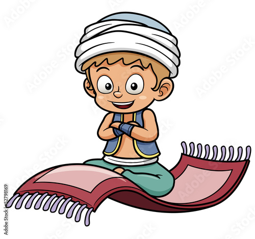 Vector illustration of boy sitting on flying carpet