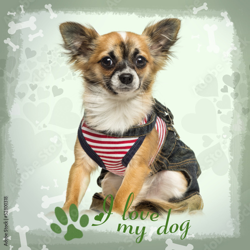 Dressed up Chihuahua sitting on green heart background  9 months