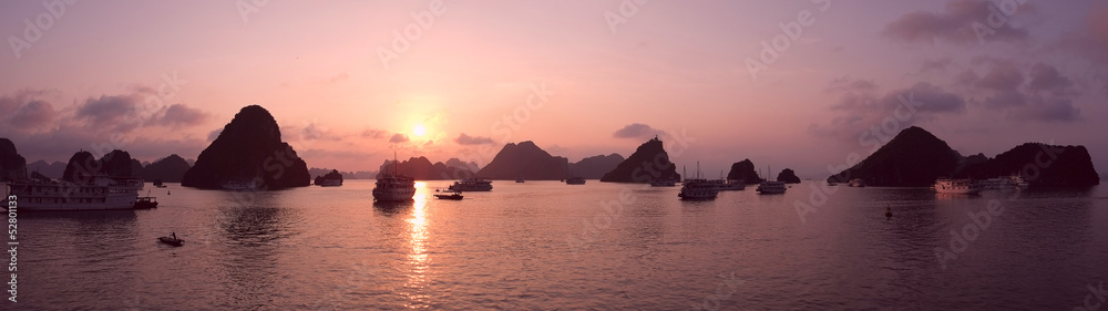 Purple sunset in Halong Bay, panorama