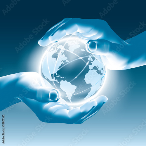 Holding a glowing earth globe in hands - save the world